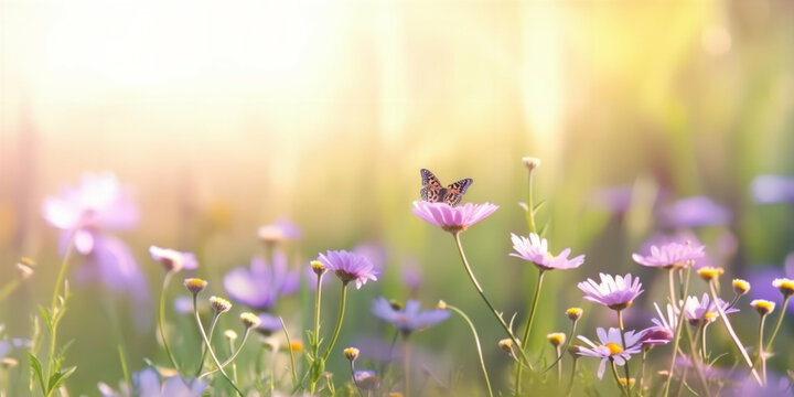 Abstract defocused spring - purple daisies and butterflies on the grass in a sunny field