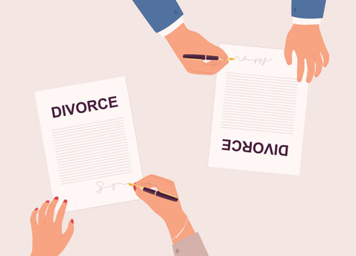 Top View Of Male And Female Hand With Pen Signing Papers For A Divorce Decree. Close-Up. Flat Design Style, Character, Cartoon.