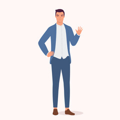 One Angry Businessman With Stop Hand Gesture. Full Length. Flat Design Style, Character, Cartoon.