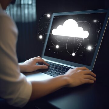A businessman working on a contemporary laptop and accessing cloud data through an icon. The concept is highlighted by a close-up of the hand on the laptop. Generative AI image