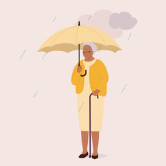 One Smiling Black Senior Woman Using Umbrella On A Rainy Day With Dark Clouds. Full Length. Flat Design Style, Character, Cartoon.