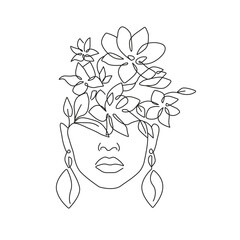 Woman Face One Line Drawing with Flowers. Continuous Linear Floral Art in Minimalist Elegant Style for Wall Décor, Prints, Tattoos, Posters, Postcards, etc. Beautiful Woman Face Abstract Vector Art.