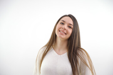 beautiful surprised girl smiling, isolated photo on background. High quality photo