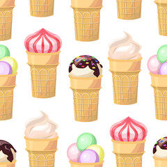 Seamless pattern ice cream sundae,chocolate, berry in waffle cups on a white background.Vector pattern for summer designs,textiles, backgrounds.