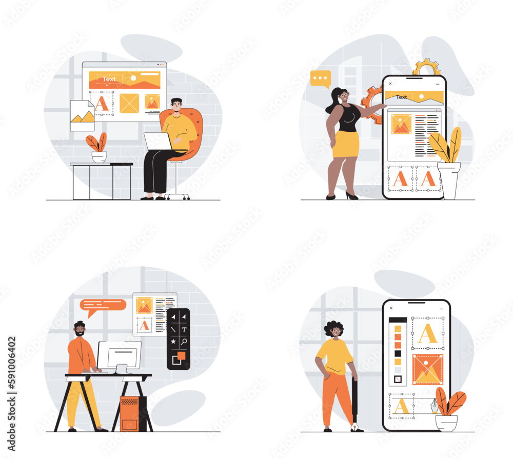 Poster App development concept with character set. Collection of scenes people programming mobile software, interface layouts for application, making digital projects. Vector illustrations in flat web design
