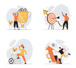 Business success concept with character set. Collection of scenes people increase company revenue at graphs, achieve goals and target aim, win gold trophy. Vector illustrations in flat web design