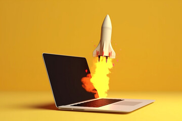 Rocket flying out of laptop screen on yellow background. Startup concept.Generative AI