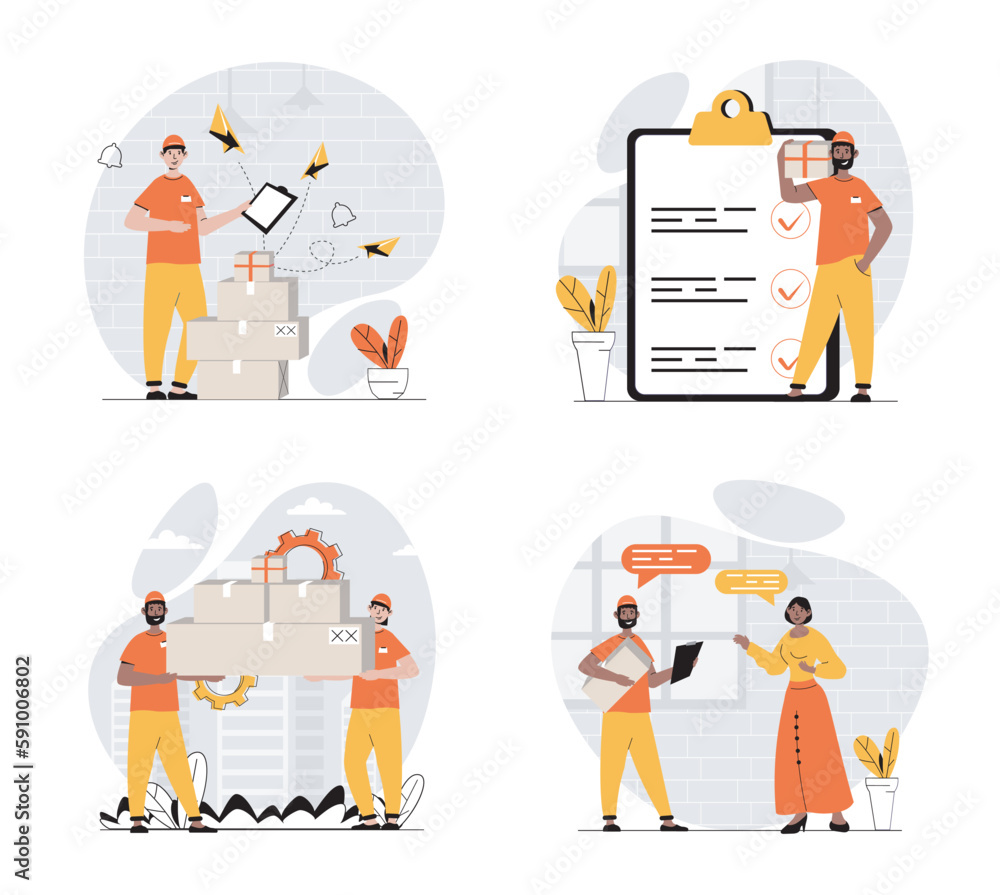 Poster delivery concept with character set. collection of scenes people work as deliverymen and couriers, l