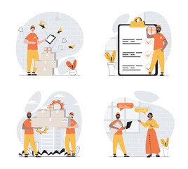 Delivery concept with character set. Collection of scenes people work as deliverymen and couriers, logistics managers, loaders carrying boxes for client home. Vector illustrations in flat web design