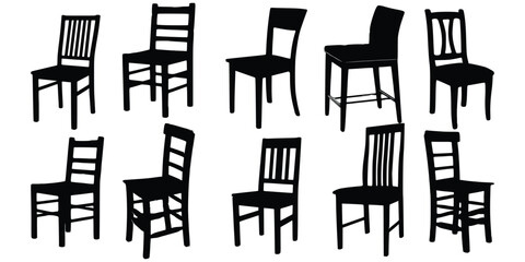Ten Wooden Chairs Silhouette vector, Chair silhouette vector.