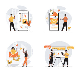 Designer studio concept with character set. Collection of scenes people do creative projects, using marketing tools, create applications and promote products. Vector illustrations in flat web design