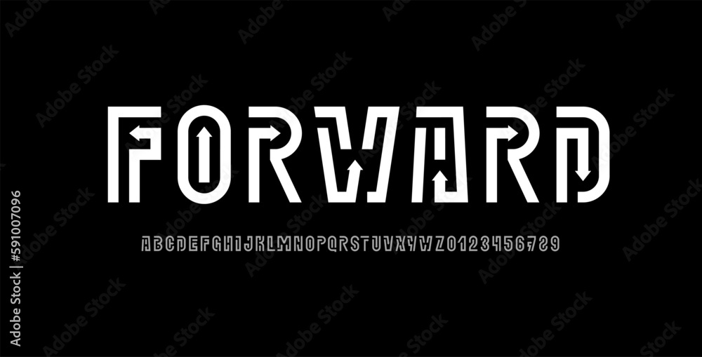Poster digital font arrows alphabet from segment line, lines technology style letters and numbers, vector i