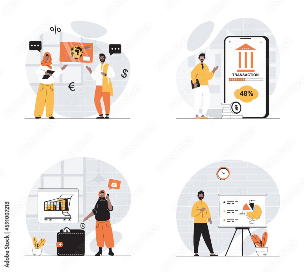 Poster payment concept with character set. collection of scenes arabic muslim people using online banking s