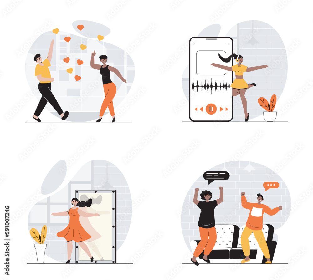Poster people dancing concept with character set. collection of scenes men and women dance in discotheques 