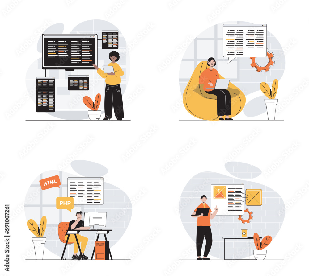 Aufkleber Programming concept with character set. Collection of scenes people working with code, testing and optimization programs, creating new products in IT company. Vector illustrations in flat web design