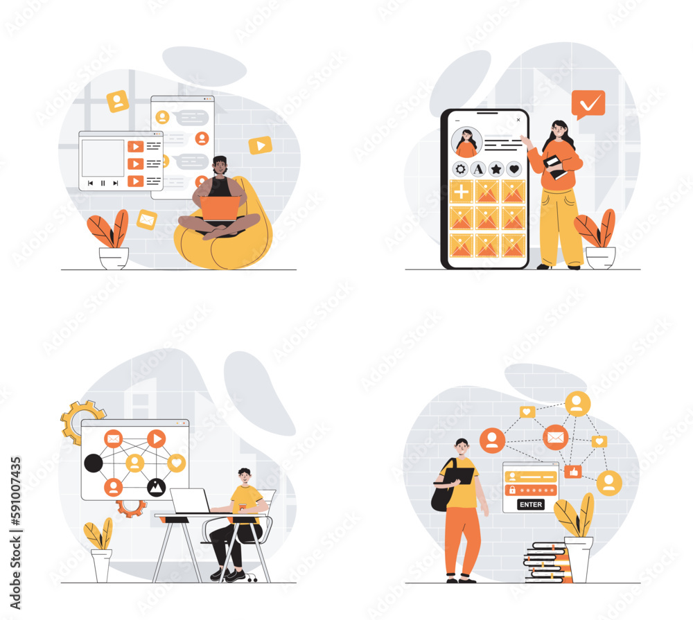 Leinwandbilder Social network concept with character set. Collection of scenes people making blogging and online communication, connecting with friends, share links and posts. Vector illustrations in flat web design