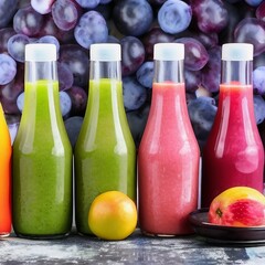 Fototapeta na wymiar Colorful Bottles of Juice and Fruits AI Generated
