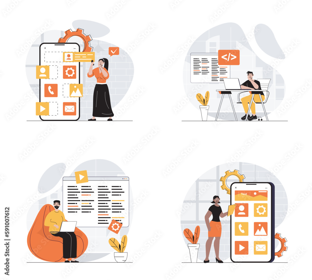 Fototapete UI UX development concept with character set. Collection of scenes people creating user interface layouts, working with programming code and making mobile app. Vector illustrations in flat web design