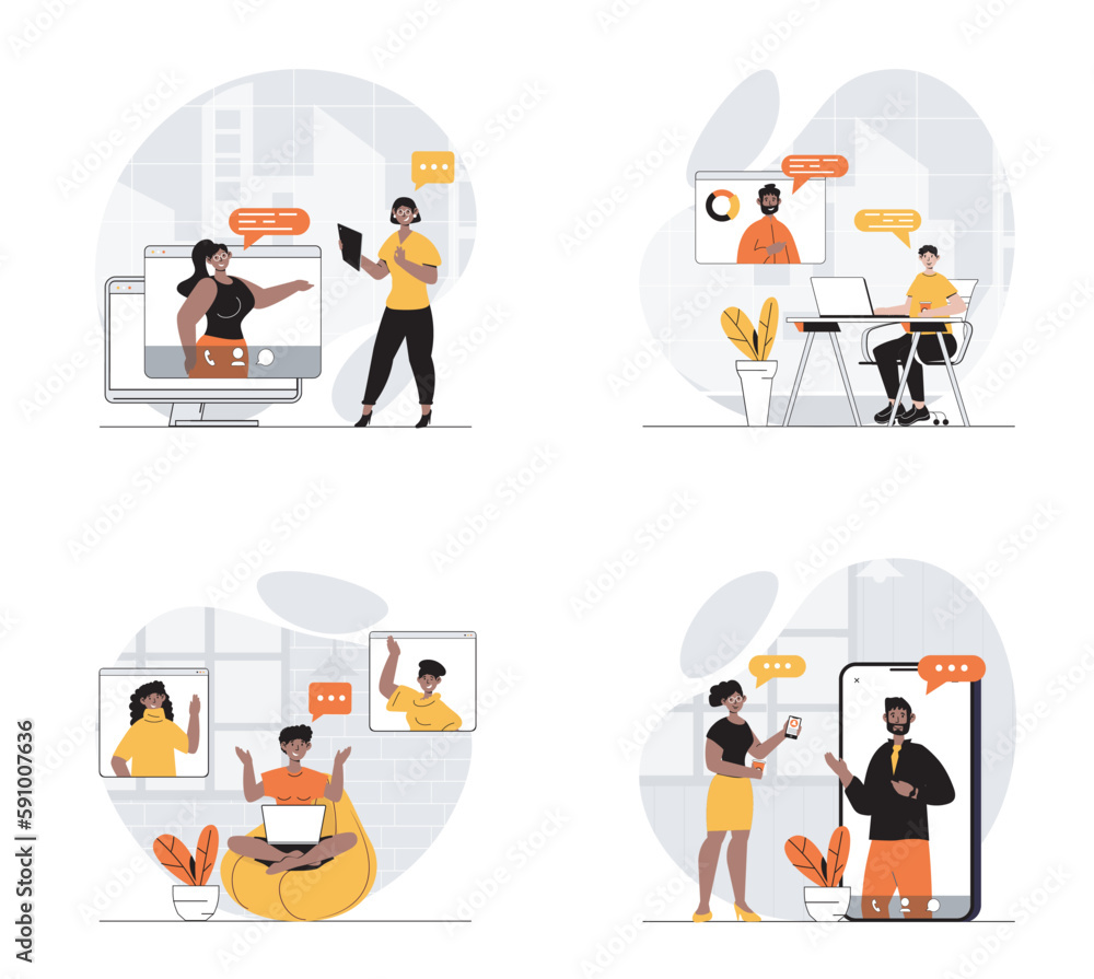 Leinwandbilder video conference concept with character set. collection of scenes people talking via video call, dis