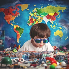 A  boy with autism surrounded by colorful puzzles in absract world, Generative AI