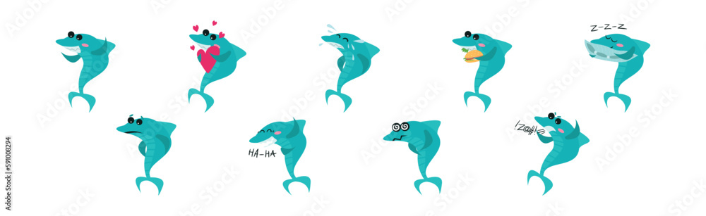 Poster humanized shark showing different emotion vector set
