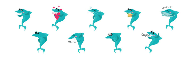 Humanized Shark Showing Different Emotion Vector Set