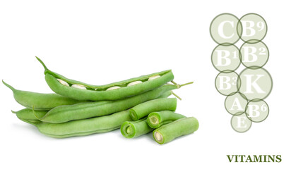 fresh ripe green bean pods isolated on white background with marking of vitamins found in green bean