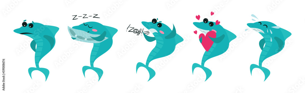 Poster humanized shark showing different emotion vector set