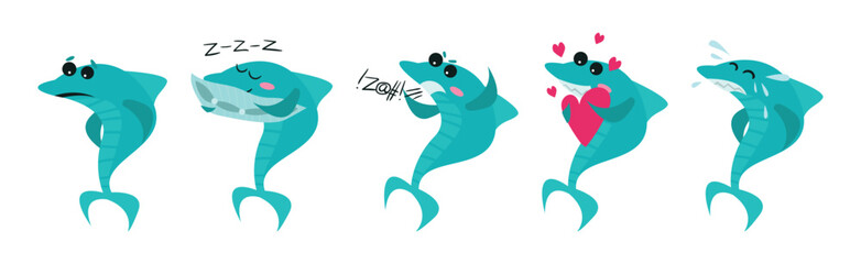 Humanized Shark Showing Different Emotion Vector Set