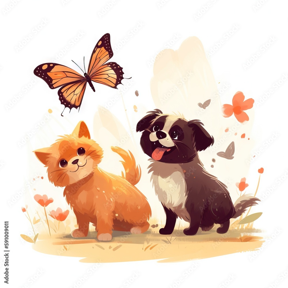 Poster a dog and a cat sitting next to each other on a field with a butterfly flying above them and a butte