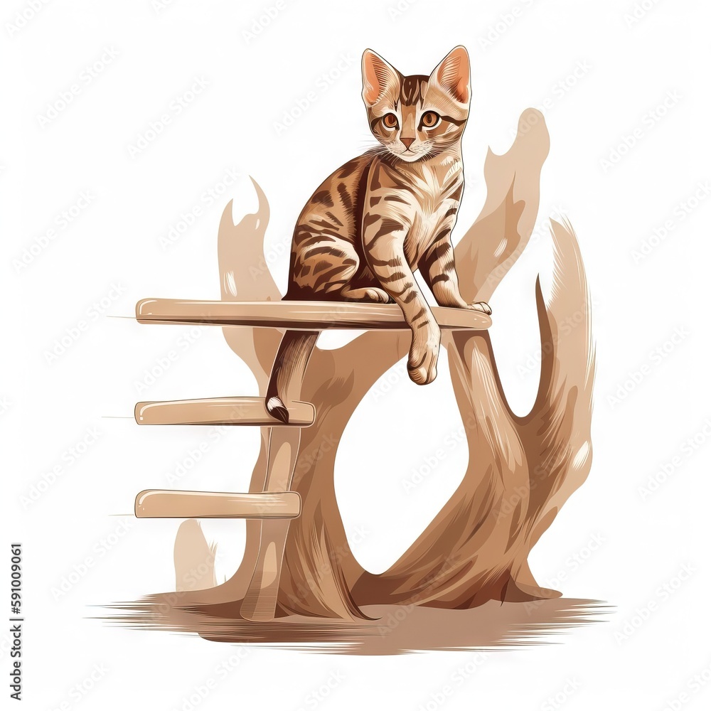 Poster a cat sitting on top of a wooden bench next to a tree trunk and a white background with a shadow of 
