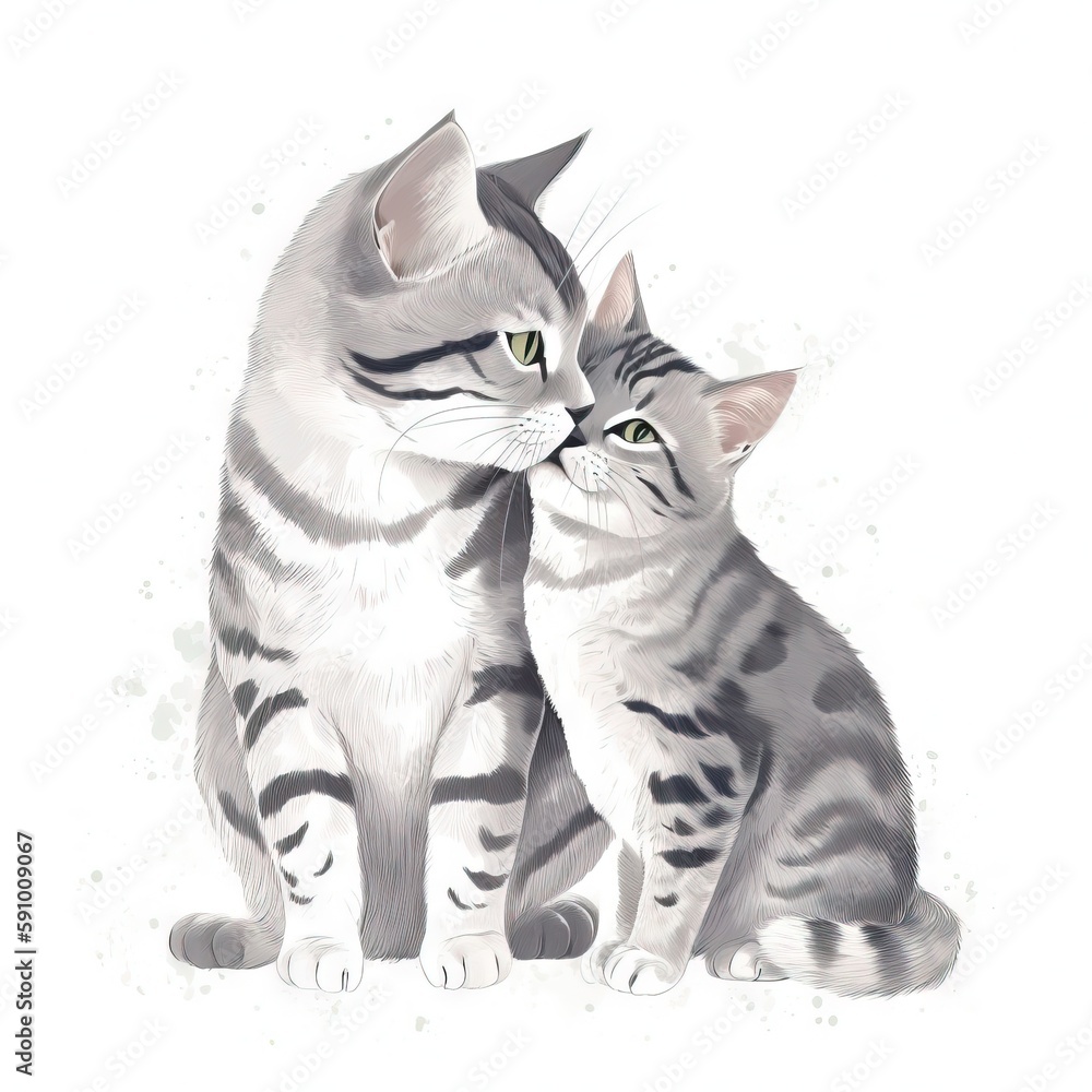 Poster a cat and a kitten sitting next to each other on a white background with a watercolor effect of a ca