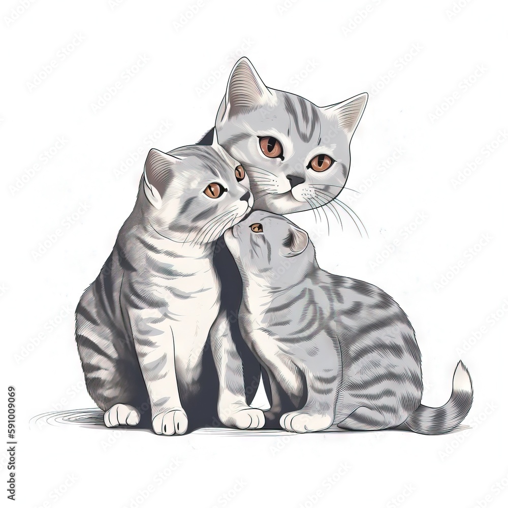 Poster a drawing of two cats sitting next to each other on a white background with a white background and a