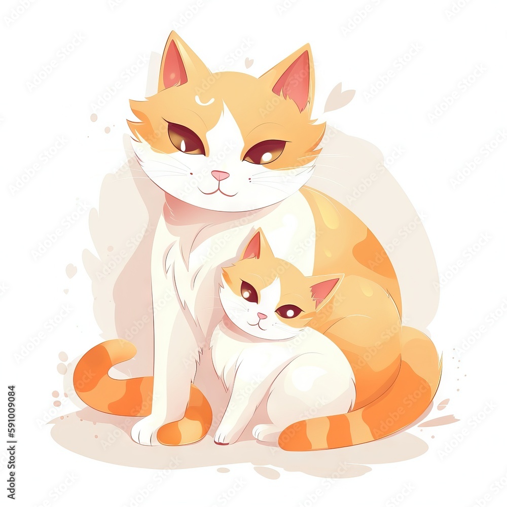Poster a couple of cats sitting next to each other on a white background with a shadow of a cat on the grou