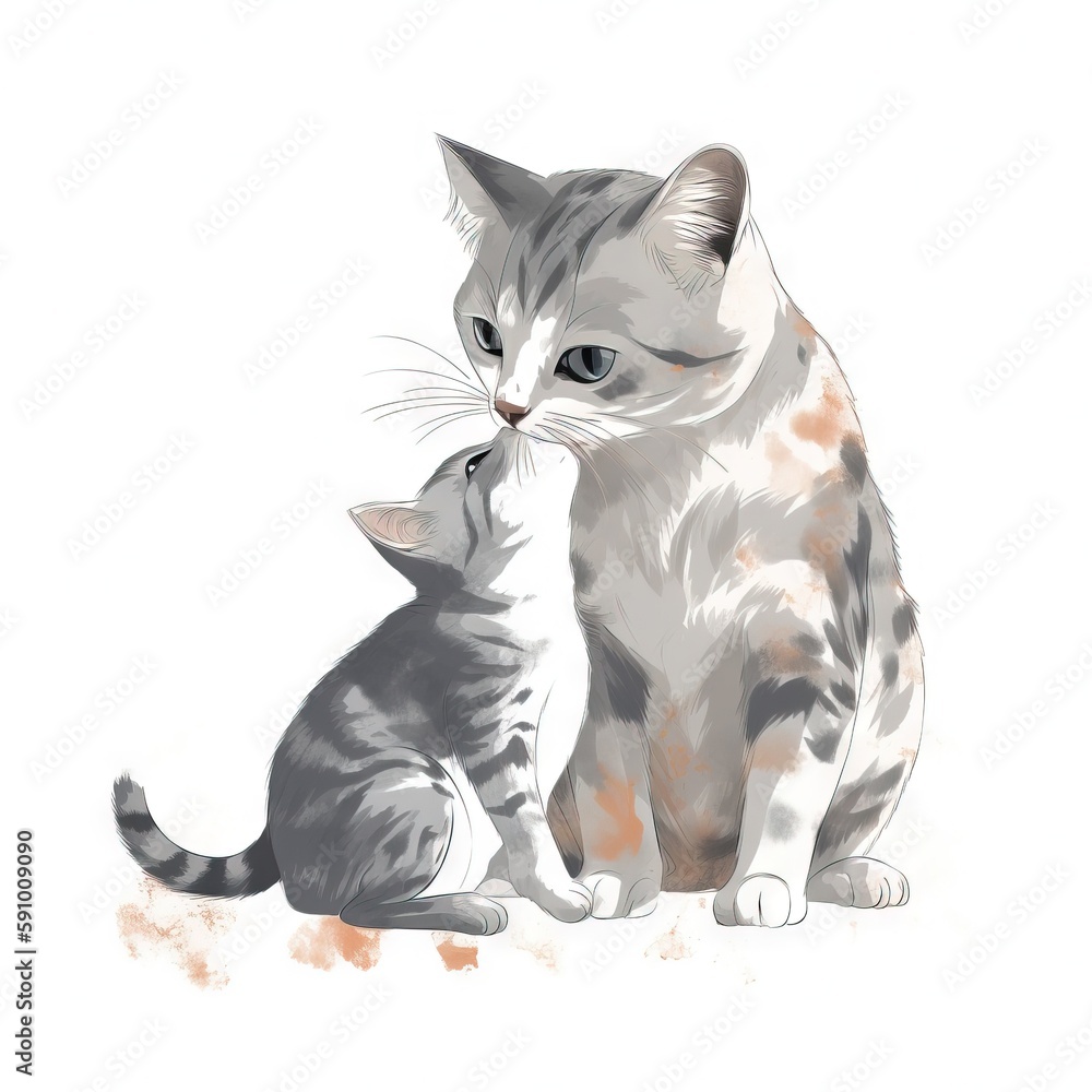 Poster a cat and a kitten sitting next to each other on a white background with a watercolor effect of a ca
