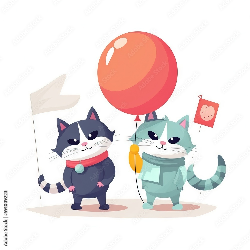 Poster a couple of cats standing next to each other holding a red balloon and a red flag with a red heart o