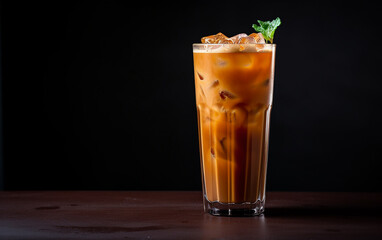 Cooling summer drink Thai Iced Tea topped with a splash of evaporated milk in the glass. Asian traditional milk tea. Generative AI