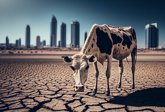 skinny cow standing on dry drought ground with city scape as background, idea for the climate change effect economic and cause famine. Generative AI