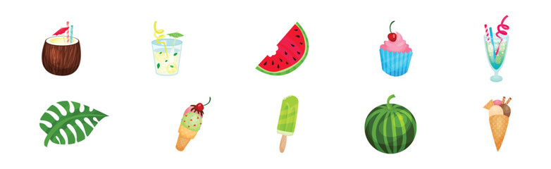 Tropical Objects and Element with Cocktail, Monstera Leaf, Ice Cream and Watermelon Vector Set