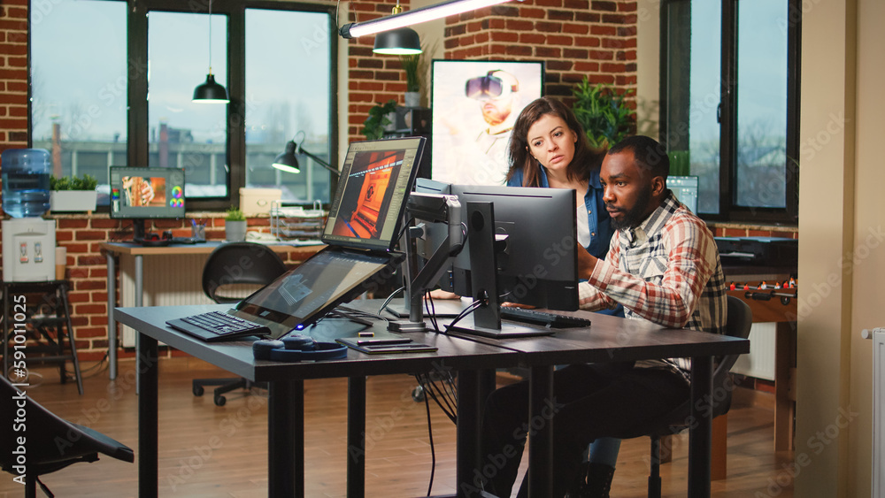 Poster diverse team of engineers working with artificial intelligence, analyzing 3d render software on comp