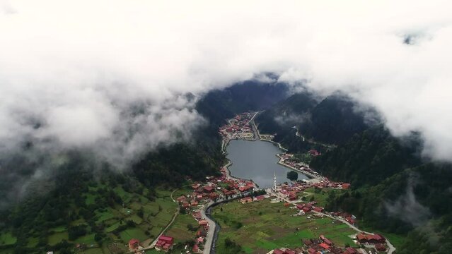 Trabzon Uzungol among the clouds aerial view.Uzungol(Long Lake) of the most beautiful tourist places in Turkey. 