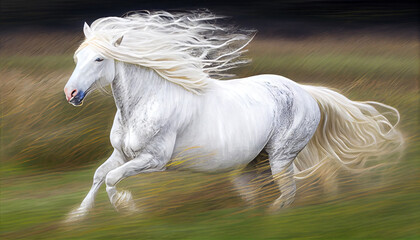 Obraz na płótnie Canvas Generative AI, Wild and Free: A Majestic Horse Gallops Through a Grassy Meadow