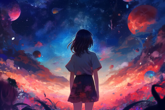 Rear view of girl in skirt with hair fluttering in wind in colorful fairy tale world. Childhood, dream concept. Fantasy illustration in anime style Generative AI