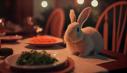 Generative AI, Bunny Bliss: A Pet Rabbit Nibbles on Carrots in a Cozy Indoor Haven