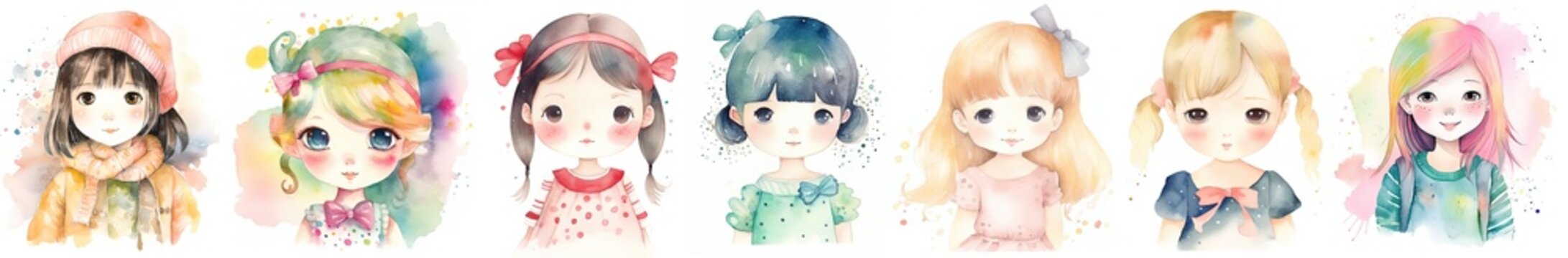 watercolor style illustration set of lovely young girls spring collection portrait, Generative Ai