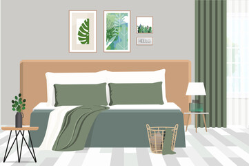 Pillows and blanket in khaki on bed bedroom with wooden furniture 