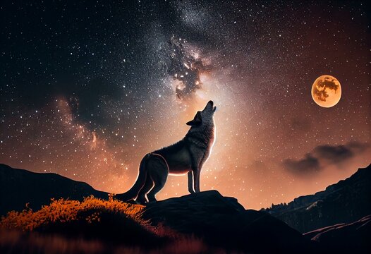 Wolf howling at the full moon, sky, stars, howl. Generative AI