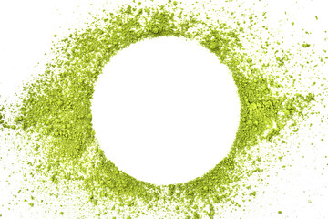 powdered matcha green tea, isolated on white. copy space. top view. Heap of matcha green tea powder...