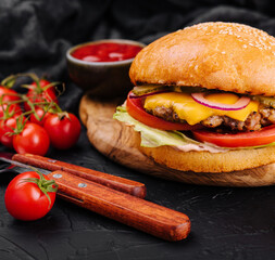 Burger, hamburger with french fries cutting board