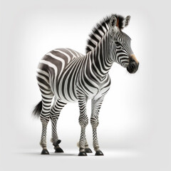 Young beautiful zebra standing on white background. Generative AI